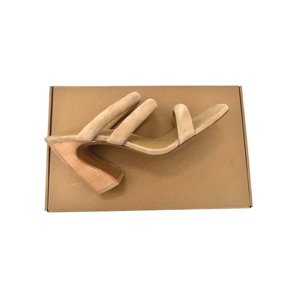 Vince Womens Tan Suede Strappy Open Toe Slip On Block Heel Sandals Sz 8.5 M New